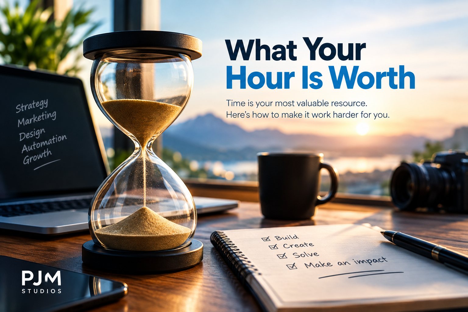 An hourglass on a desk beside a laptop, notebook with a checklist reading Build, Create, Solve, Make an impact, a coffee mug, and a camera, with the PJM Studios logo